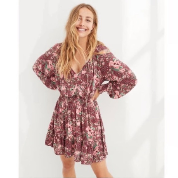 Aerie Floral Long Sleeve Smocked Waist and Cuffs Dress W-958 Sz Small - Picture 1 of 13